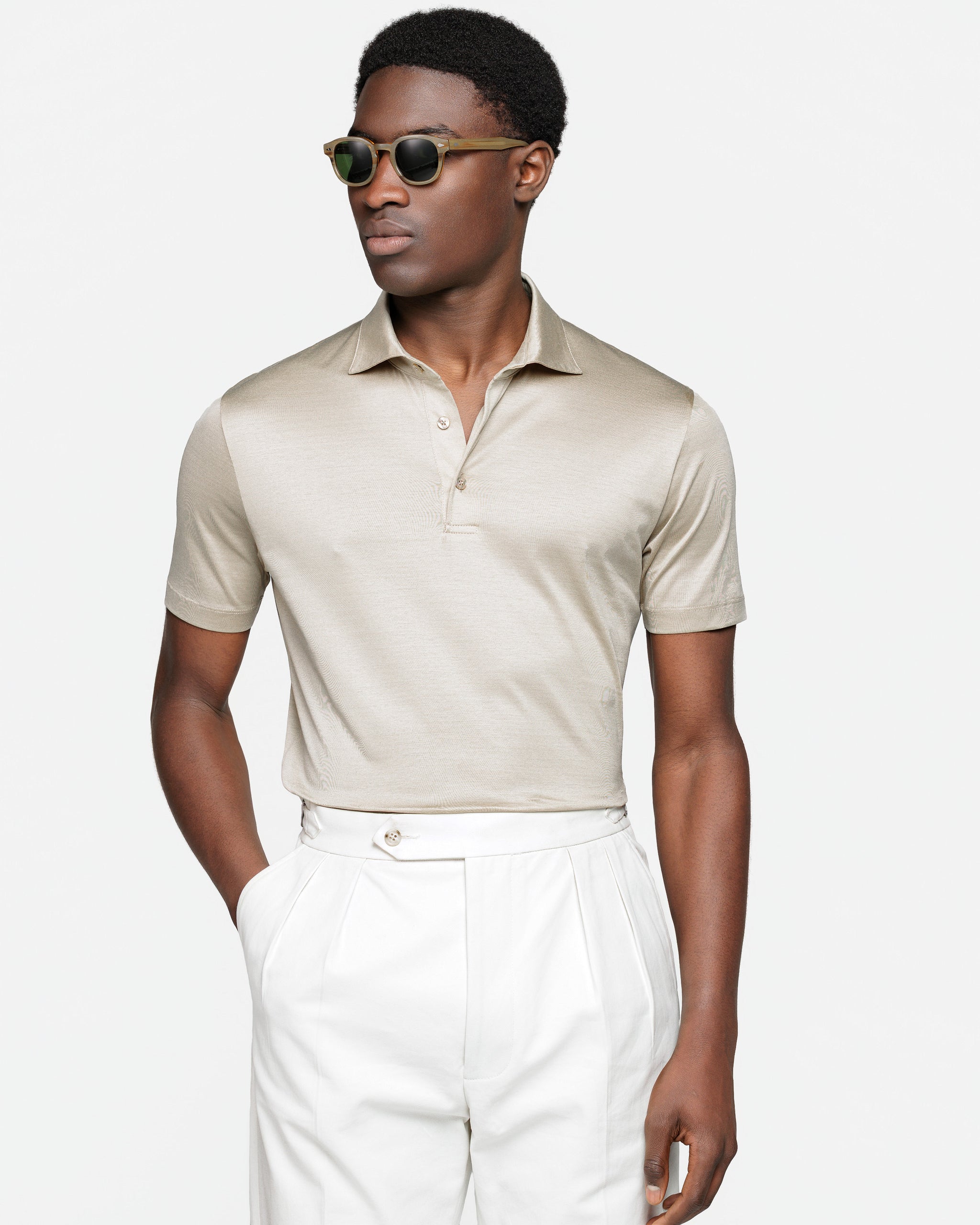Sand Short Sleeve Classic Three-Button Polo 100% Egyptian Cotton | Filatori