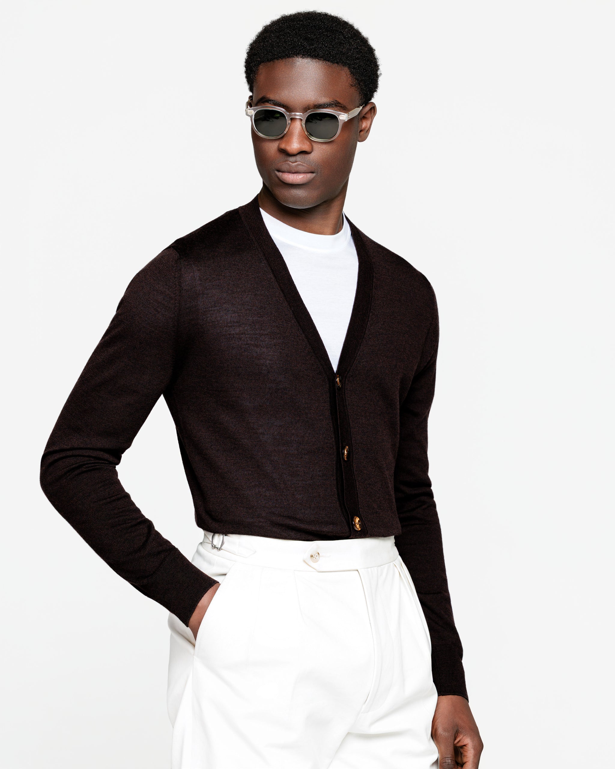 Long Sleeved Buttoned Cardigan in Brown Extrafine Merino Wool and Silk | Filatori