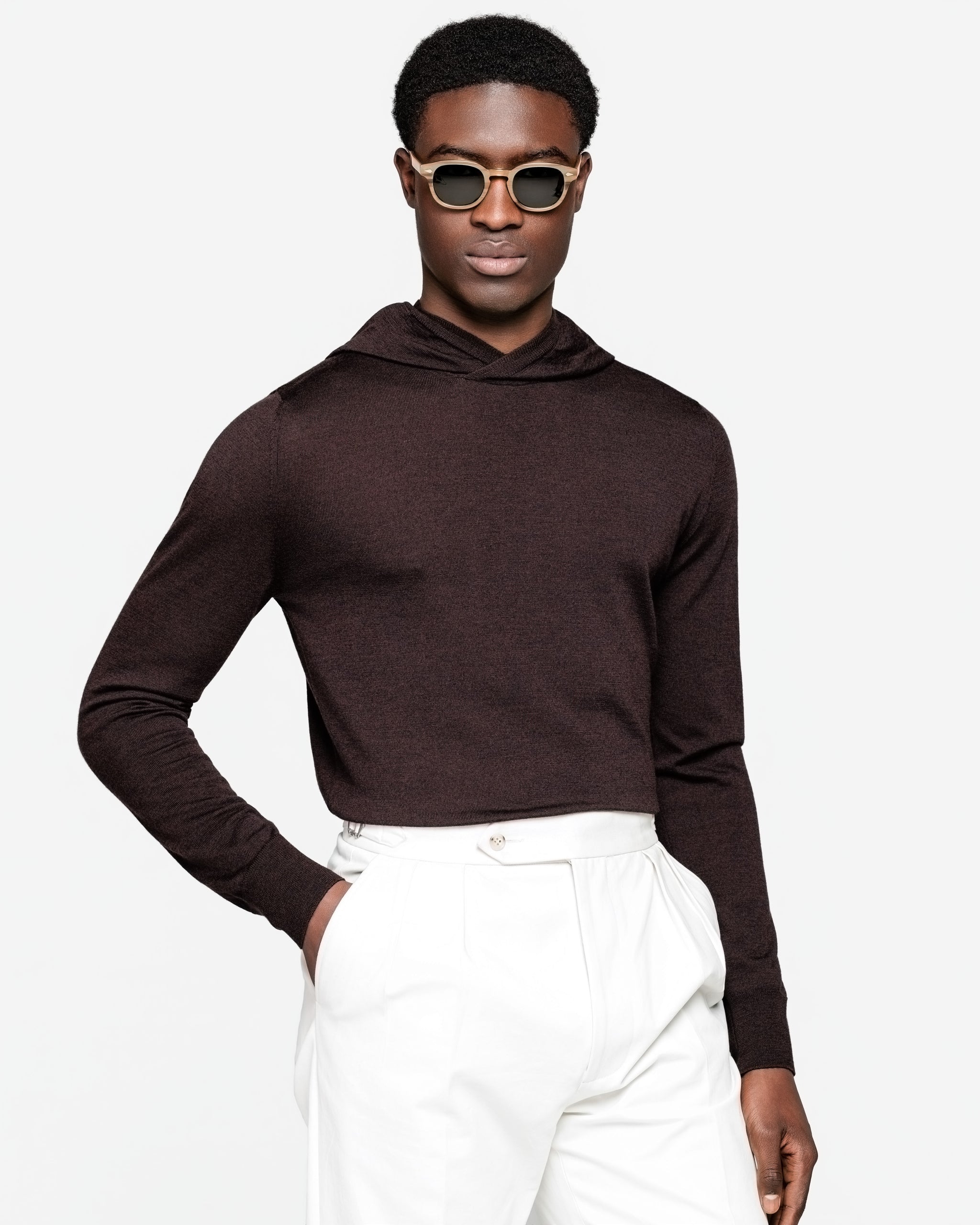 Brown Long Sleeved Hoodie Knitwear in Extrafine Merino Wool and Silk | Filatori