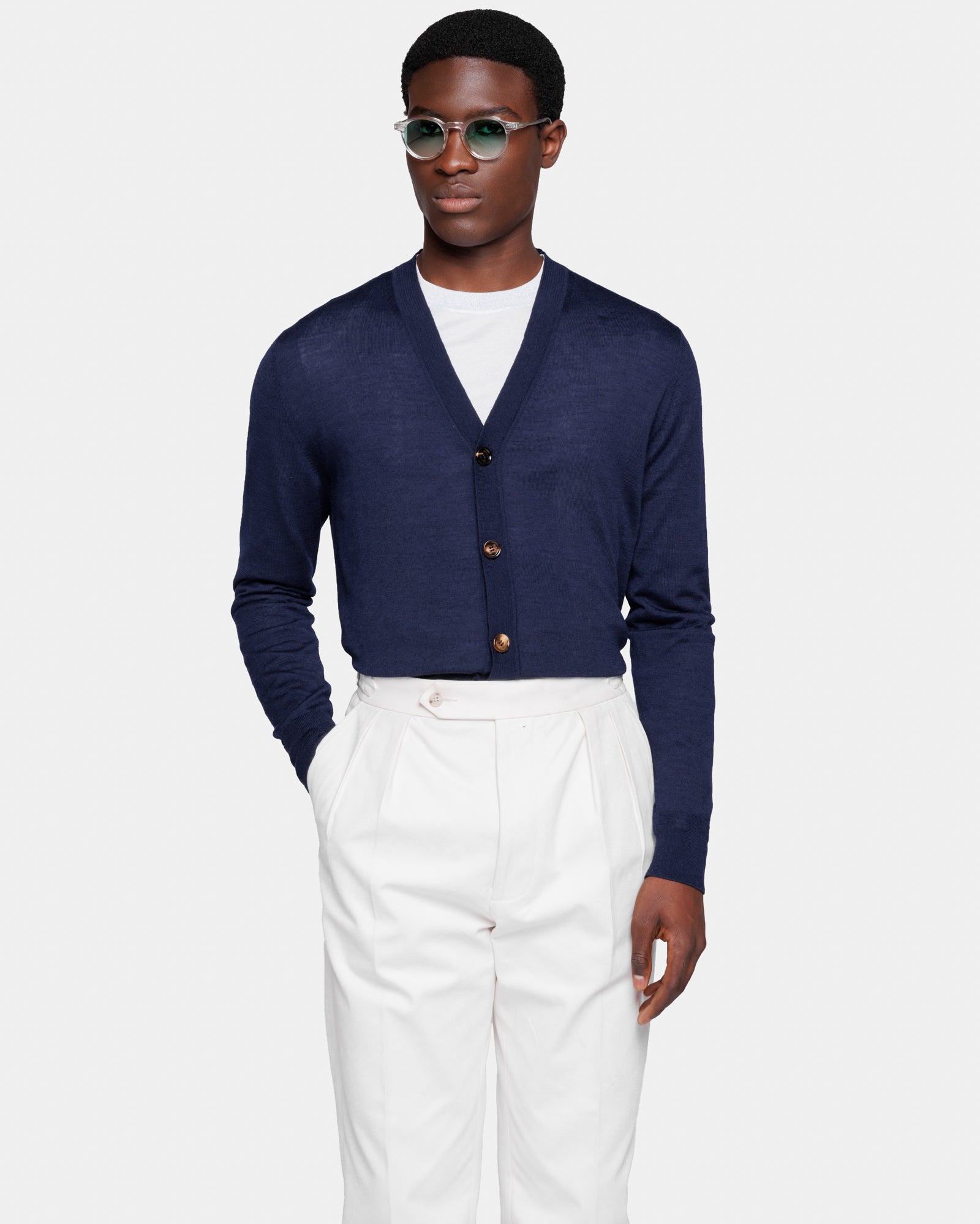 Long Sleeved Buttoned Cardigan in Marine Blue Extrafine Merino Wool and Silk | Filatori