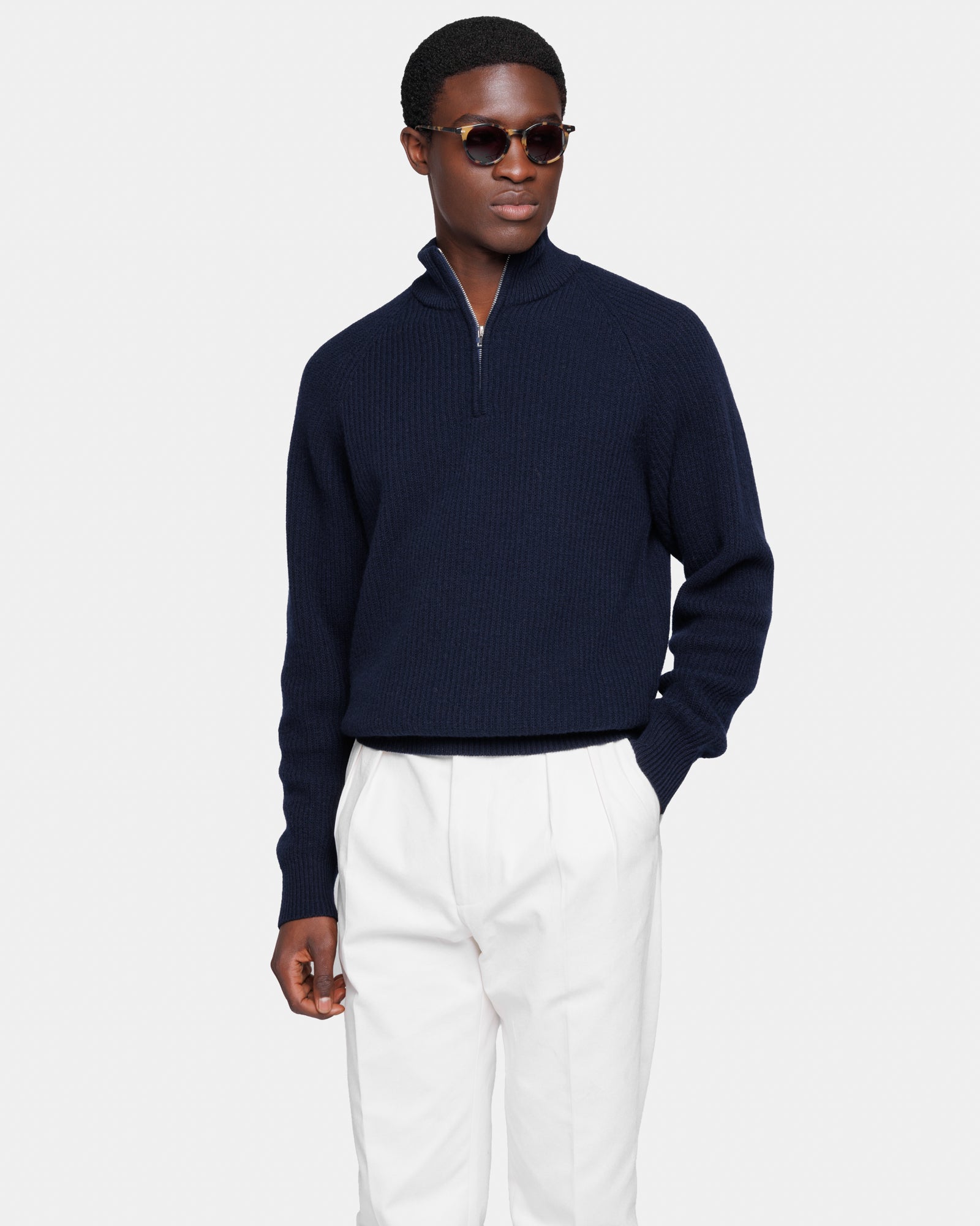 Blue Long Sleeve Highneck Zip in Ultra-Soft Super 100's Wool | Filatori