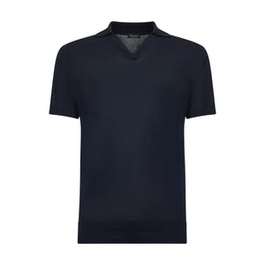 Blue Short Sleeve Buttonless Polo Knitwear in Organic Cotton Mulberry Silk | Filatori