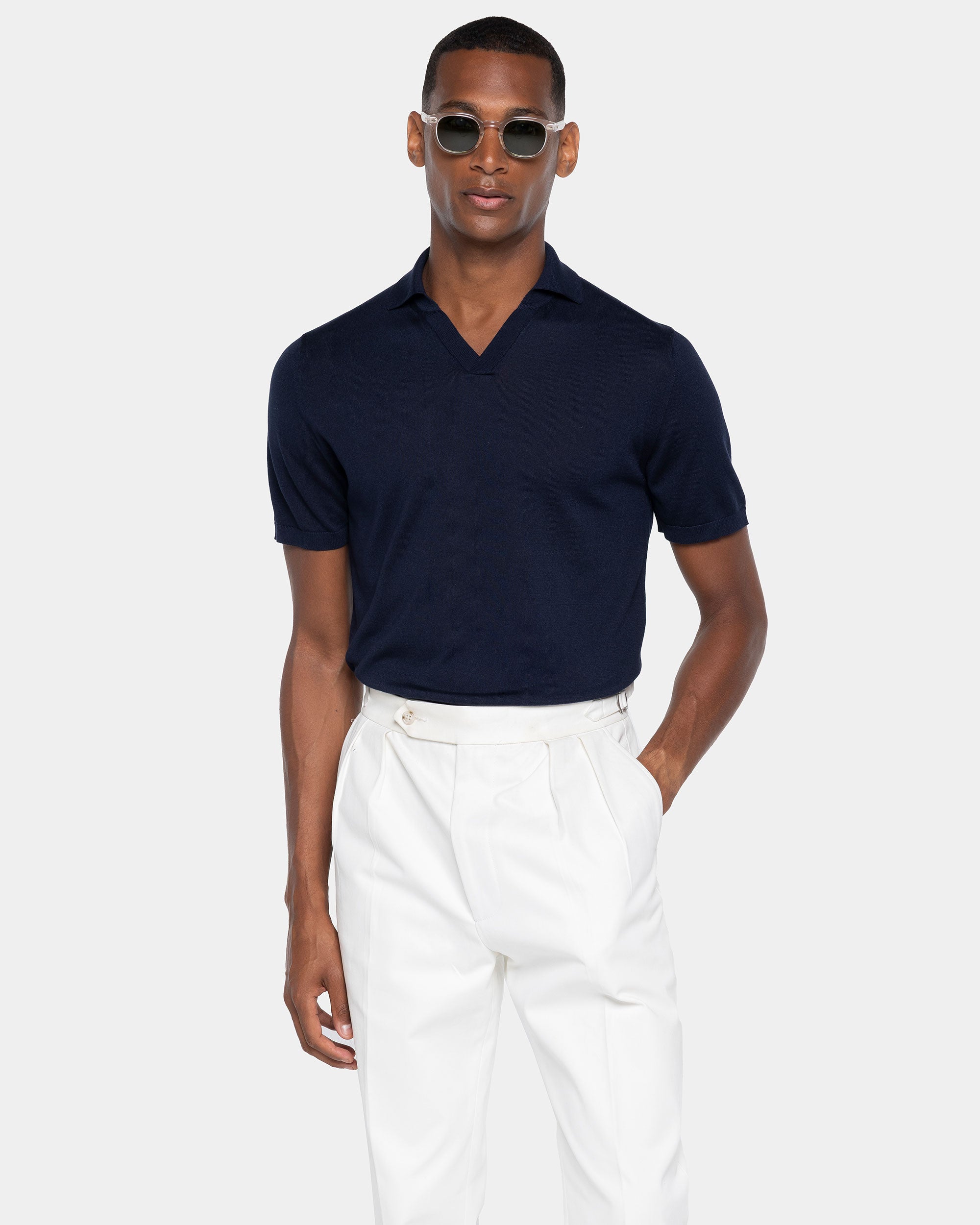 Blue Short Sleeve Buttonless Polo Knitwear in Organic Cotton Mulberry Silk | Filatori
