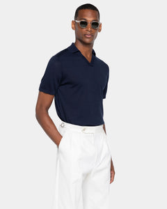 Blue Short Sleeve Buttonless Polo Knitwear in Organic Cotton Mulberry Silk | Filatori