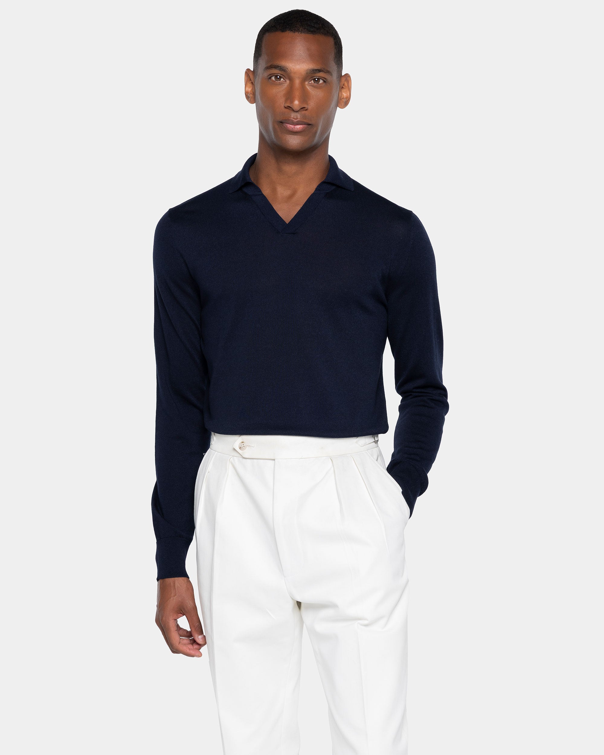 Blue Long Sleeved Buttonless Polo Knitwear in Organic Cotton Mulberry Silk | Filatori