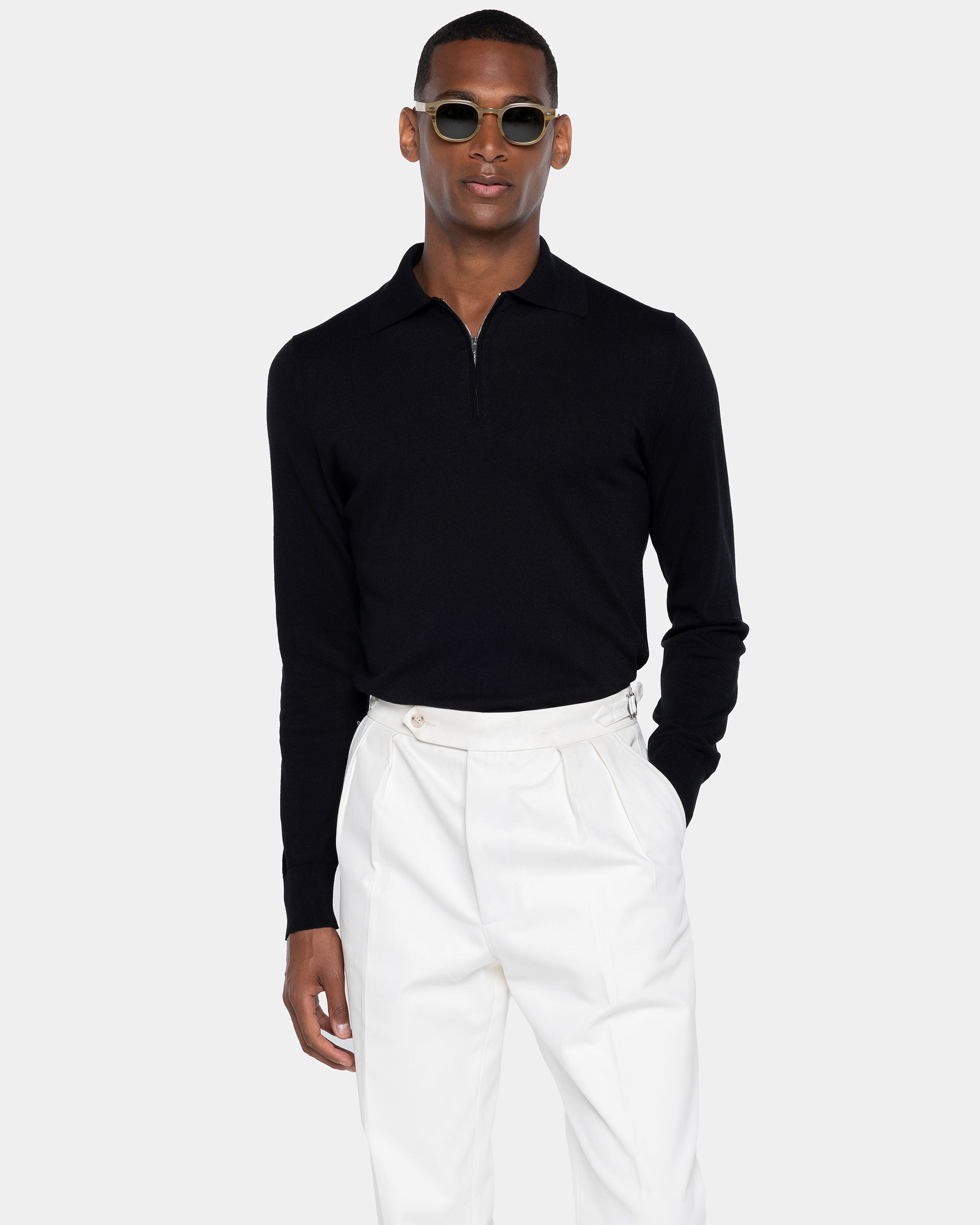 Black Long Sleeve Zip Polo Knitwear in Organic Cotton Mulberry Silk | Filatori