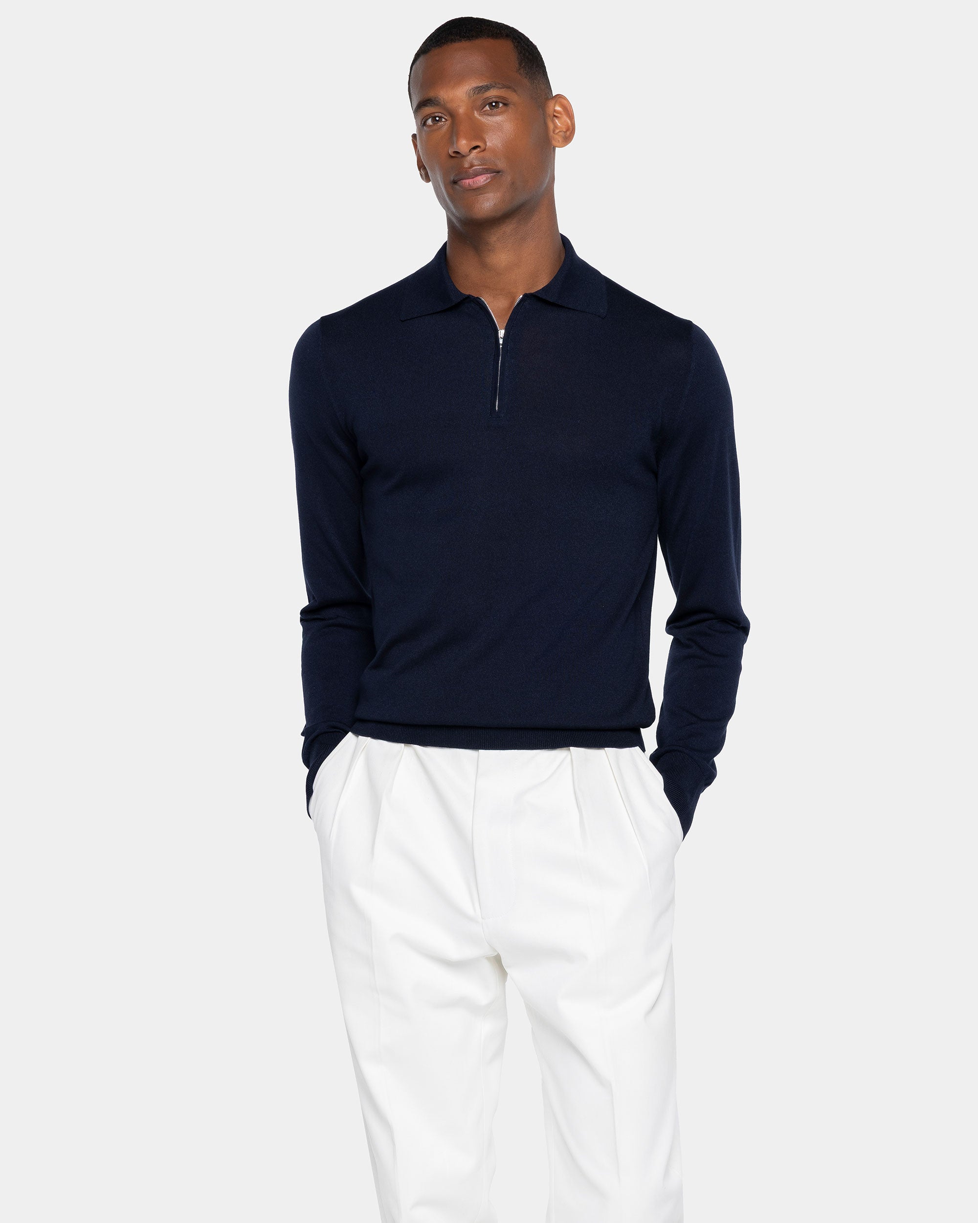 Blue Long Sleeve Zip Polo Knitwear in Organic Cotton Mulberry Silk | Filatori