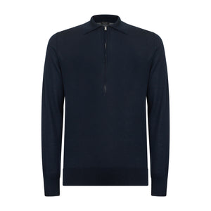 Blue Long Sleeve Zip Polo Knitwear in Organic Cotton Mulberry Silk | Filatori