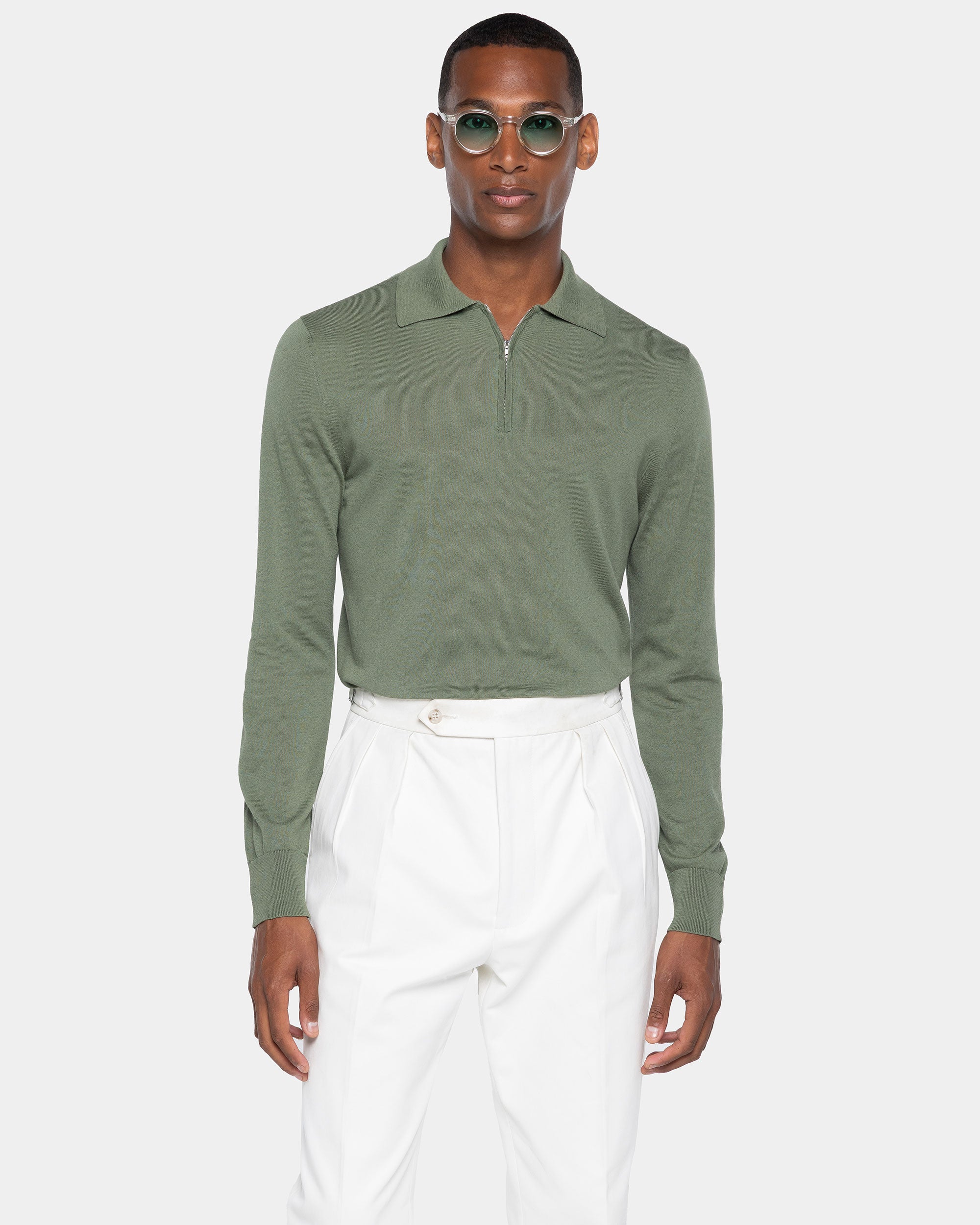 Military Green Long Sleeve Zip Polo Knitwear in Organic Cotton Mulberry Silk | Filatori