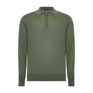 Military Green Long Sleeve Zip Polo Knitwear in Organic Cotton Mulberry Silk | Filatori