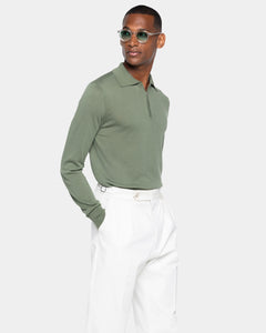 Military Green Long Sleeve Zip Polo Knitwear in Organic Cotton Mulberry Silk | Filatori