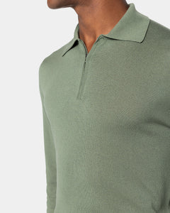 Military Green Long Sleeve Zip Polo Knitwear in Organic Cotton Mulberry Silk | Filatori