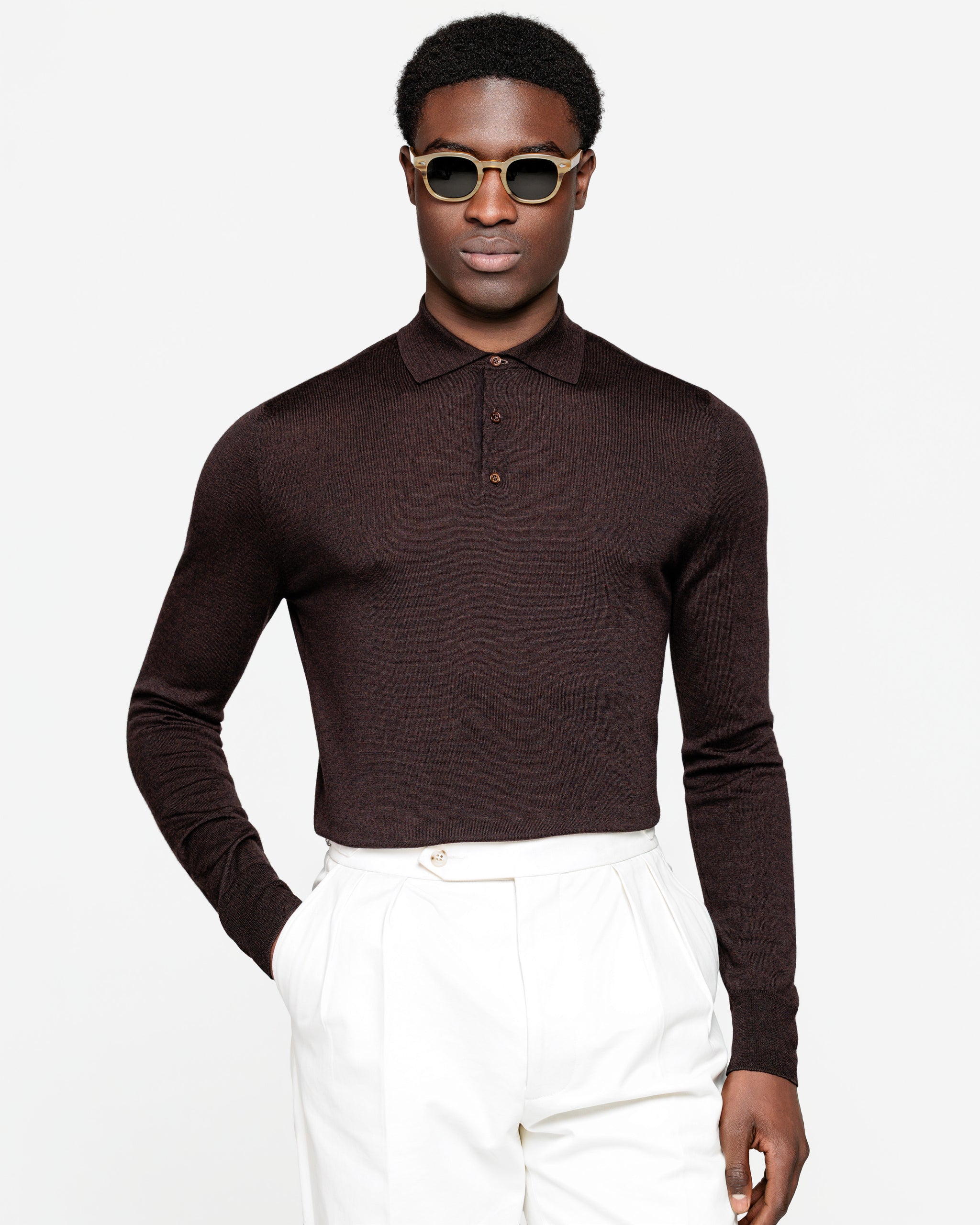 Brown Long Sleeved Polo Knitwear in Extrafine Merino Wool and Silk | Filatori