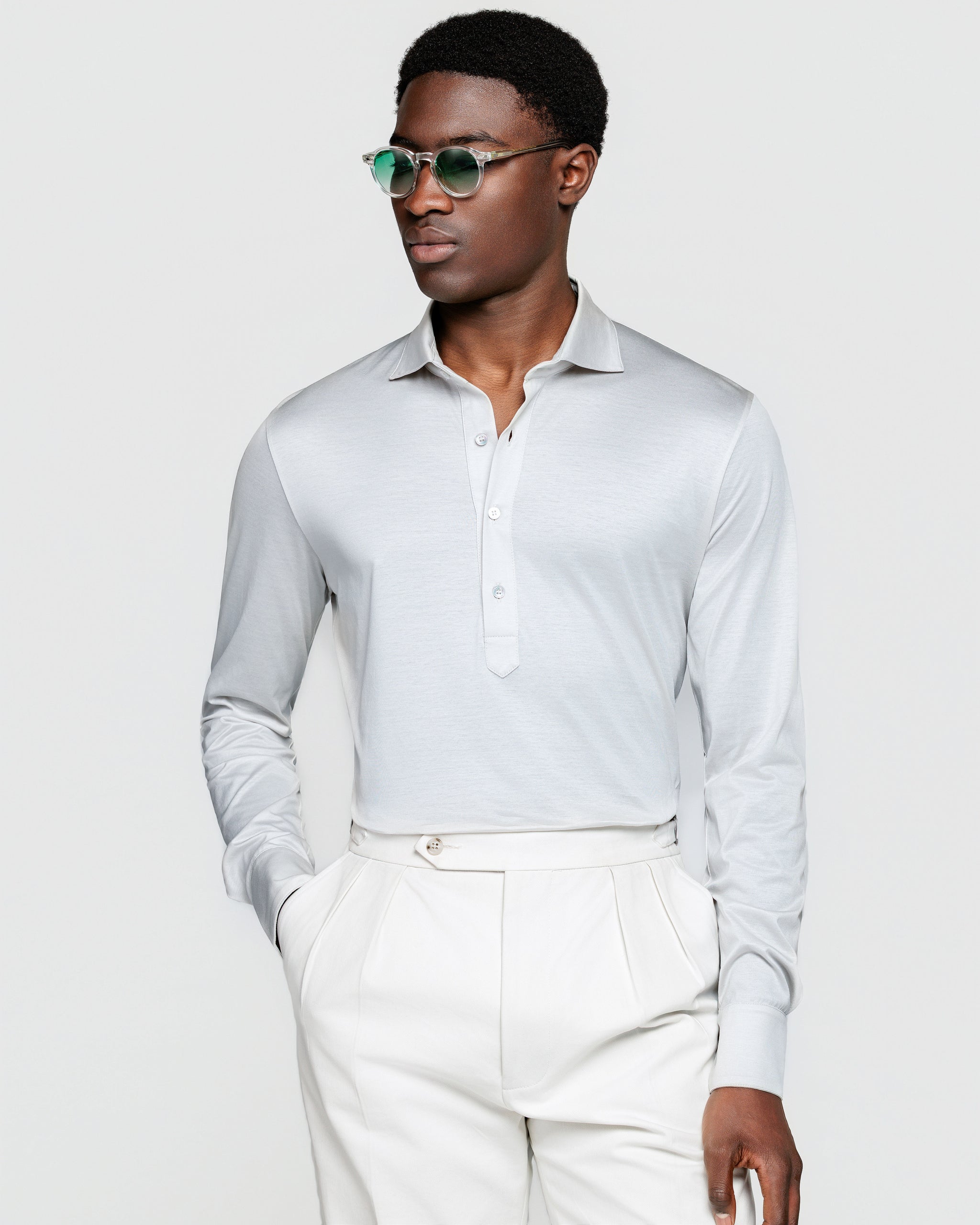 Pearl Grey Long Sleeve Polo Shirt 100% Egyptian Cotton | Filatori