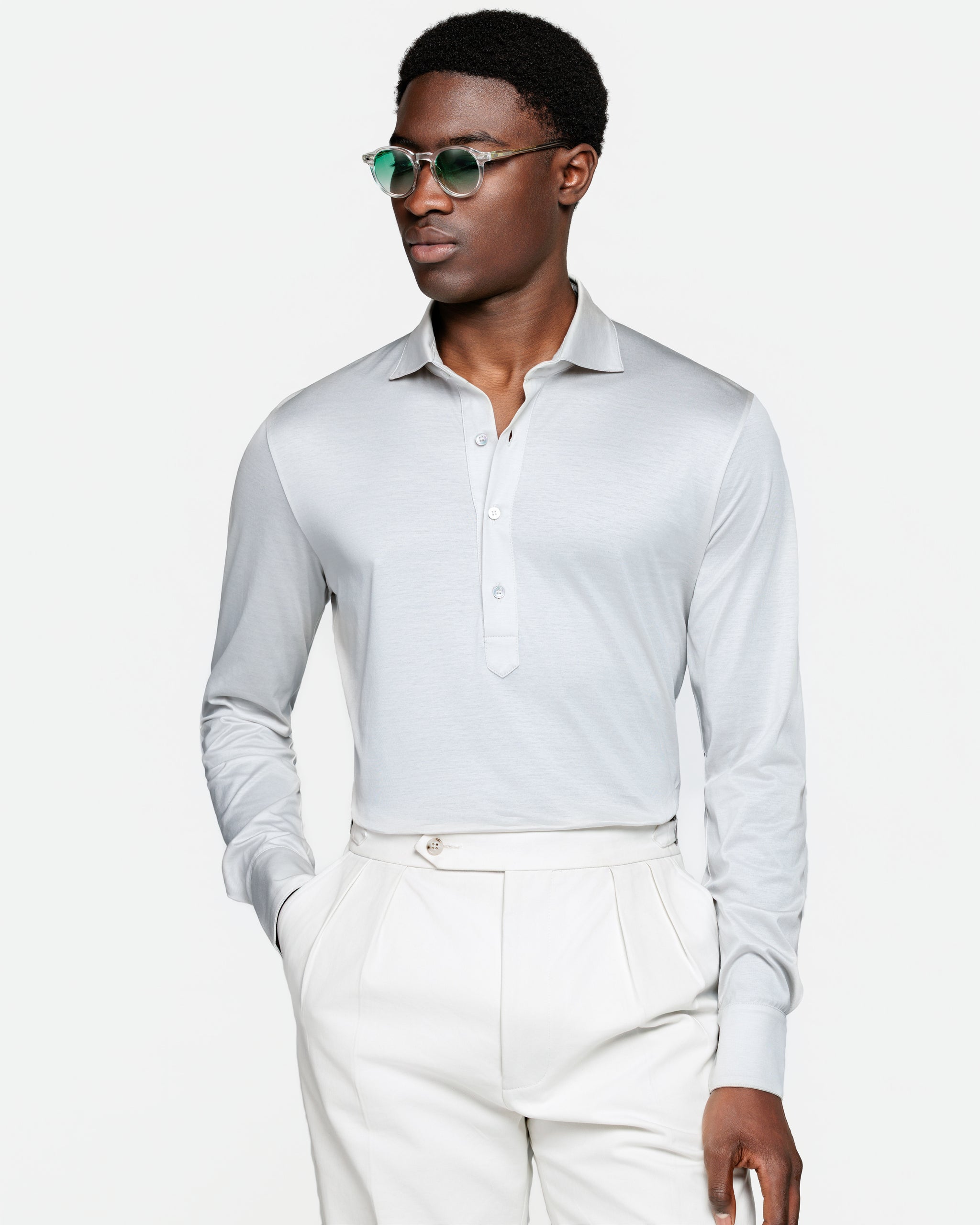 Pearl Grey Long Sleeve Polo Shirt 100% Egyptian Cotton | Filatori