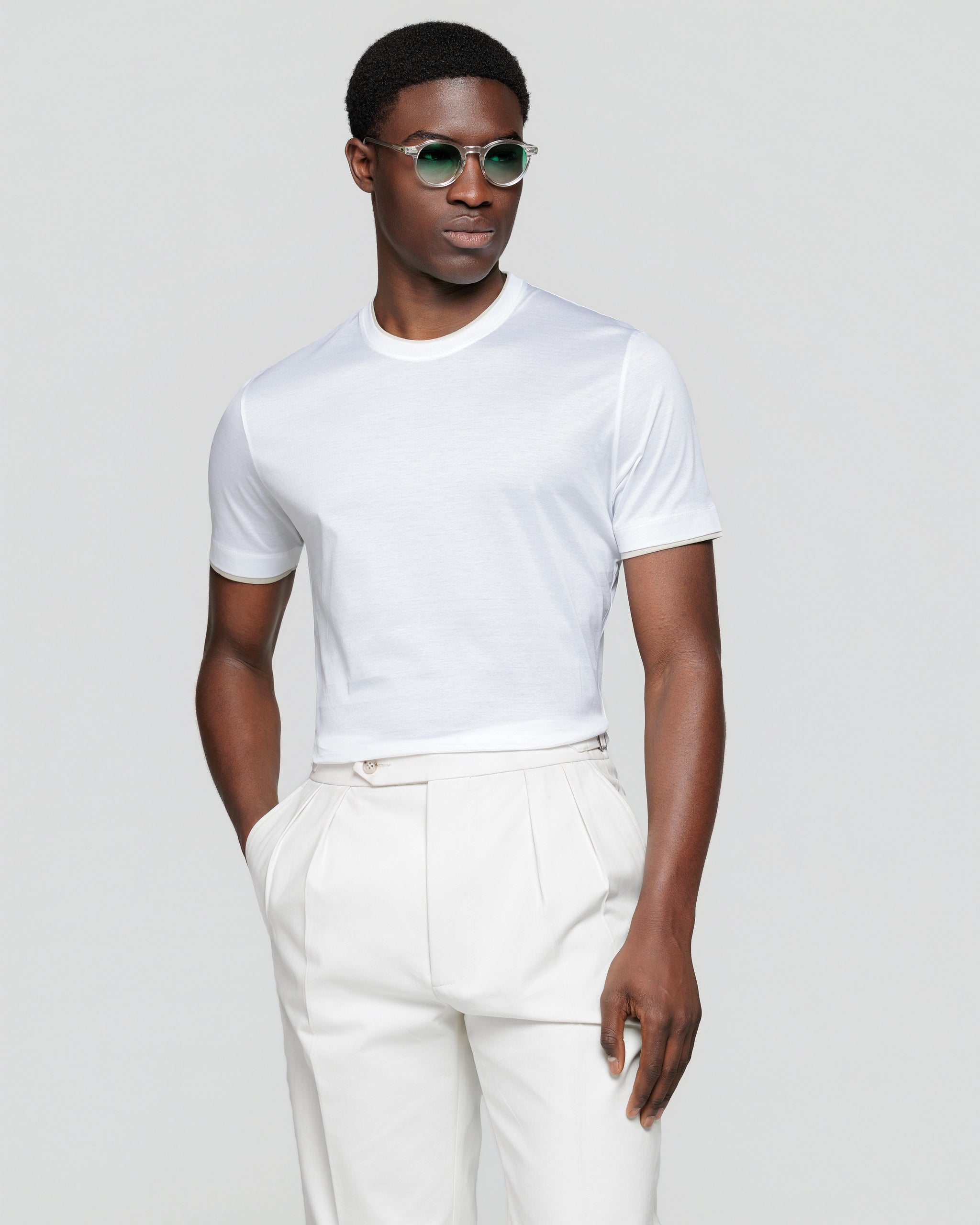 White Short Sleeve T-Shirt with Pearl Grey Faux Layering 100% Egyptian Cotton | Filatori 