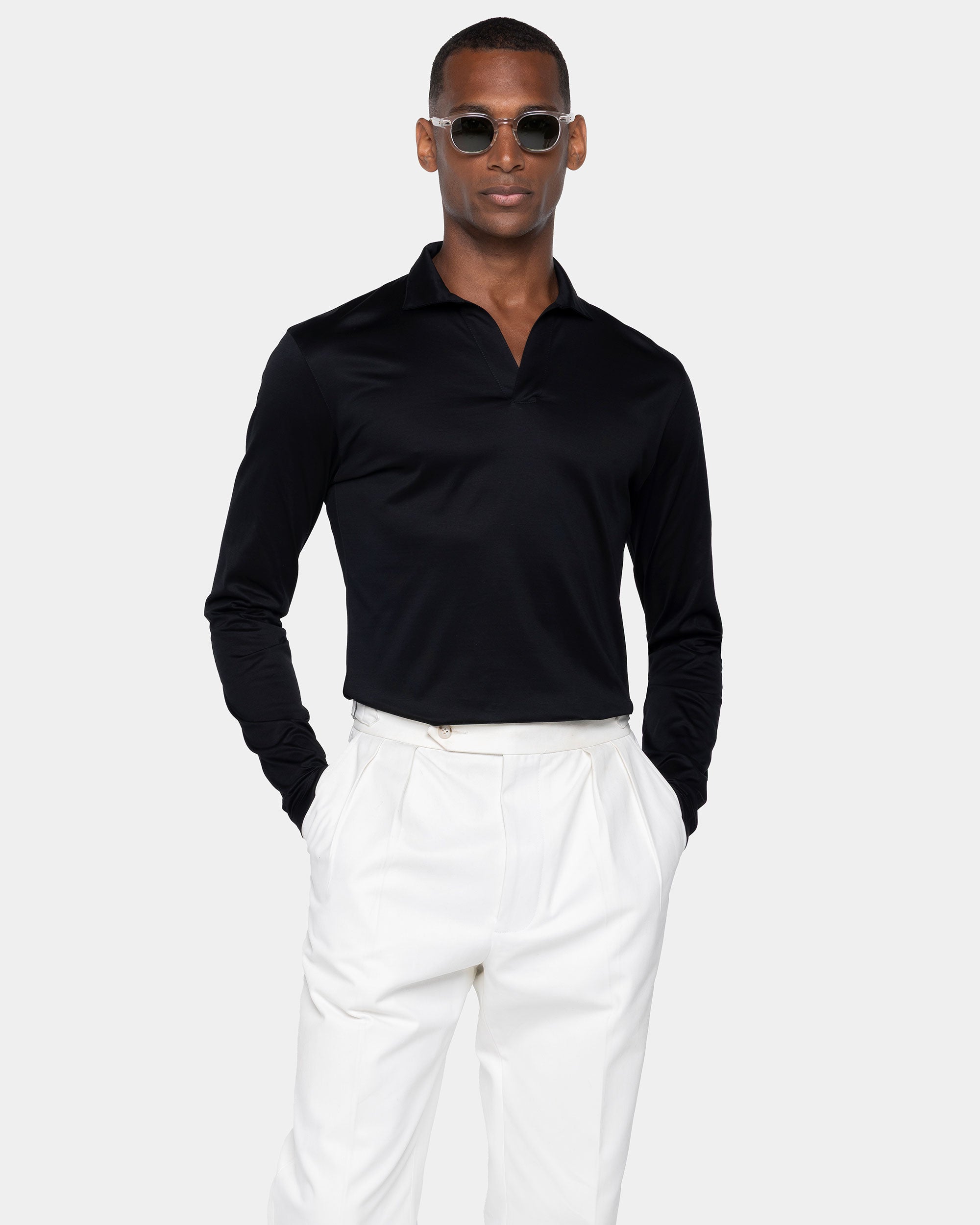 Black Long Sleeve Buttonless Polo 100% Egyptian Cotton | Filatori