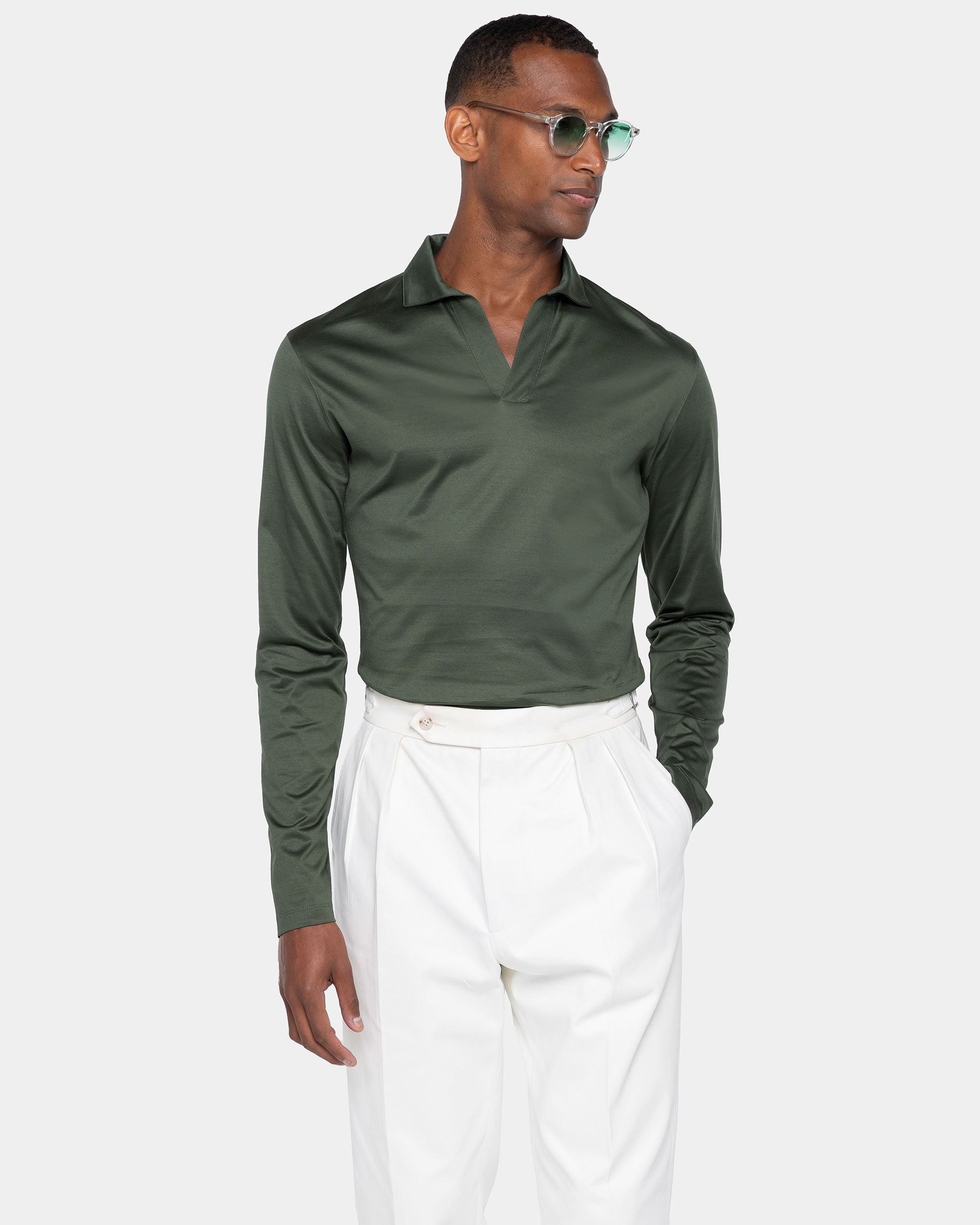 Military Green Long Sleeve Buttonless Polo 100% Egyptian Cotton | Filatori