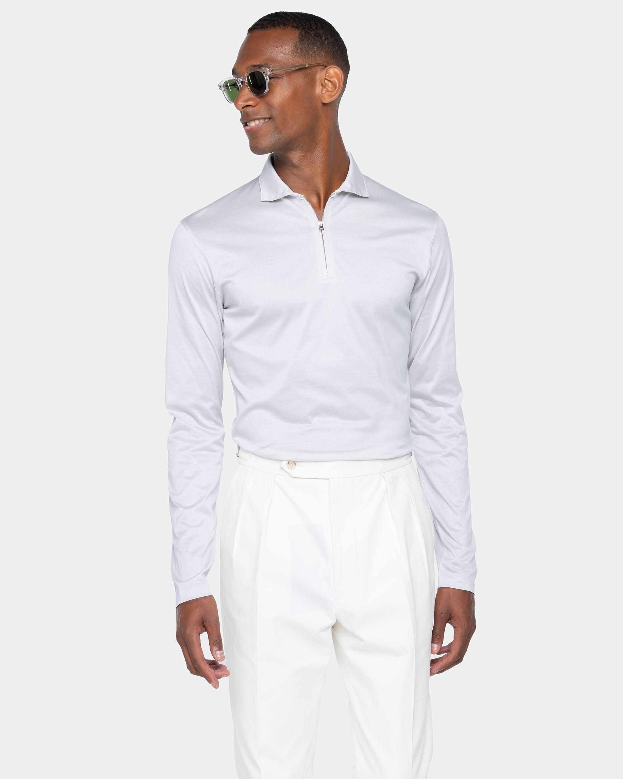 Pearl Grey Long Sleeve Half Zip Polo 100% Egyptian Cotton | Filatori