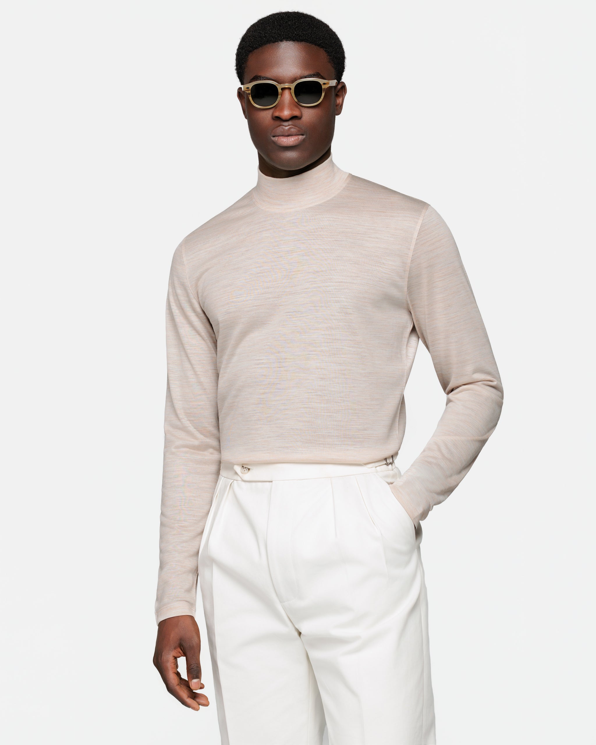 Sand Melange Tech Long Sleeve Mock-Neck T-Shirt in Extrafine Merino Wool| Filatori 